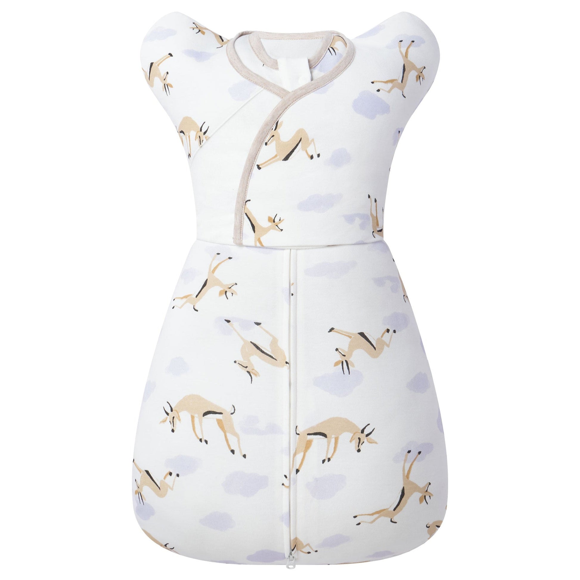 Baby sleeping bag with deer pattern on a white background
